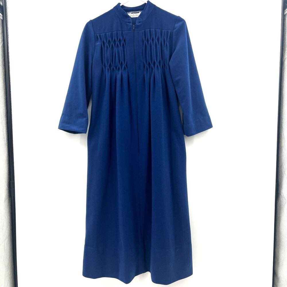 Vintage at Home Wear Blue Zip Front Robe House Coat Pintuck Fleece USA Womens